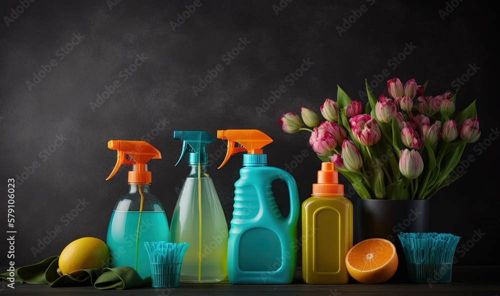 Poster a group of different types of cleaning products on a table with tulips in a vase and a vase with tul