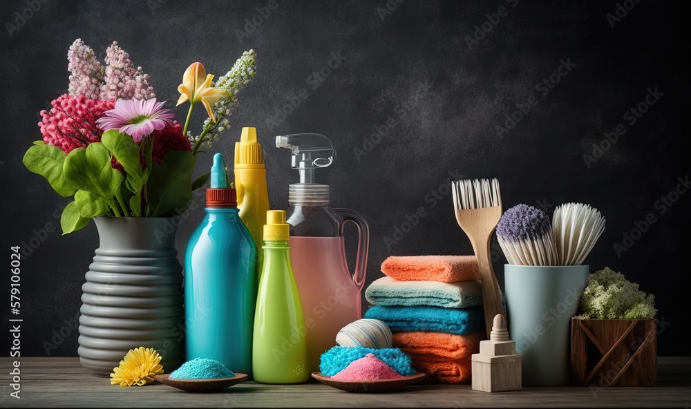 Poster a table topped with vases filled with different types of flowers and cleaning products next to a pil