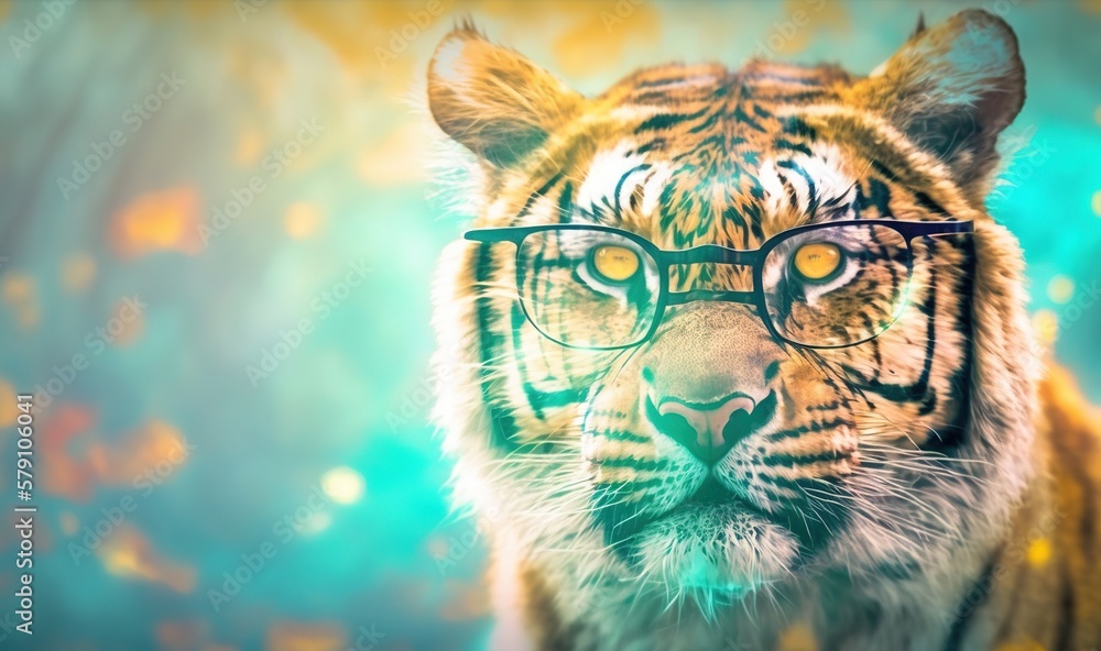 Poster a tiger with glasses on its face and a blurry image of the head of a tiger in the background of the 