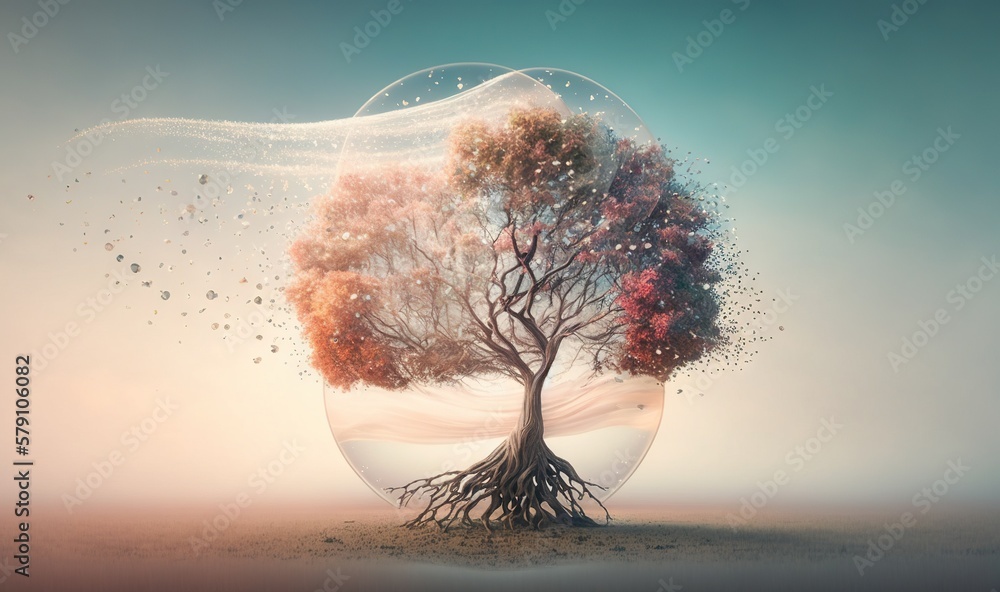 Poster a tree in a bubble with a sky in the back ground and a sky in the back ground and a tree in the midd