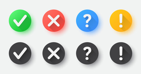 Check, cross, question mark and exclamation mark vector flat icons. Logn shadow, vector illustration.