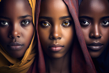 Three beautiful African black women from Tanzania, ai generative - obrazy, fototapety, plakaty