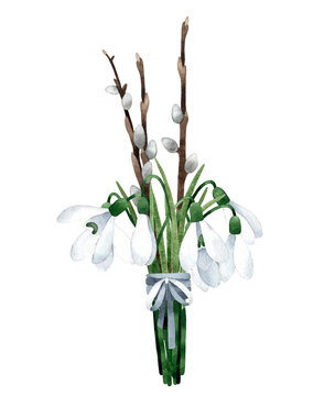 Watercolor hand-painted illustration of Easter bouquet with Snowdrop flowers and Willow branches. Isolated on transparent background.