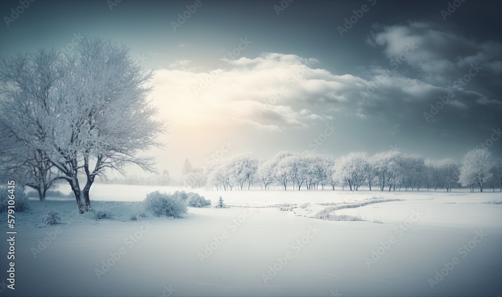 Poster a snowy landscape with trees and a field in the foreground and a cloudy sky in the background with a
