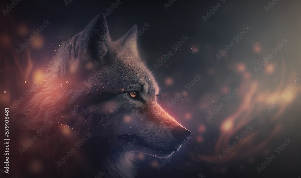 Poster a close up of a wolf's face on a dark background with a light shining on it's face and a blurry back