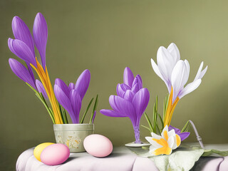 Vibrant Easter scene with a delightful display of pastel-colored Easter eggs and fresh spring flowers