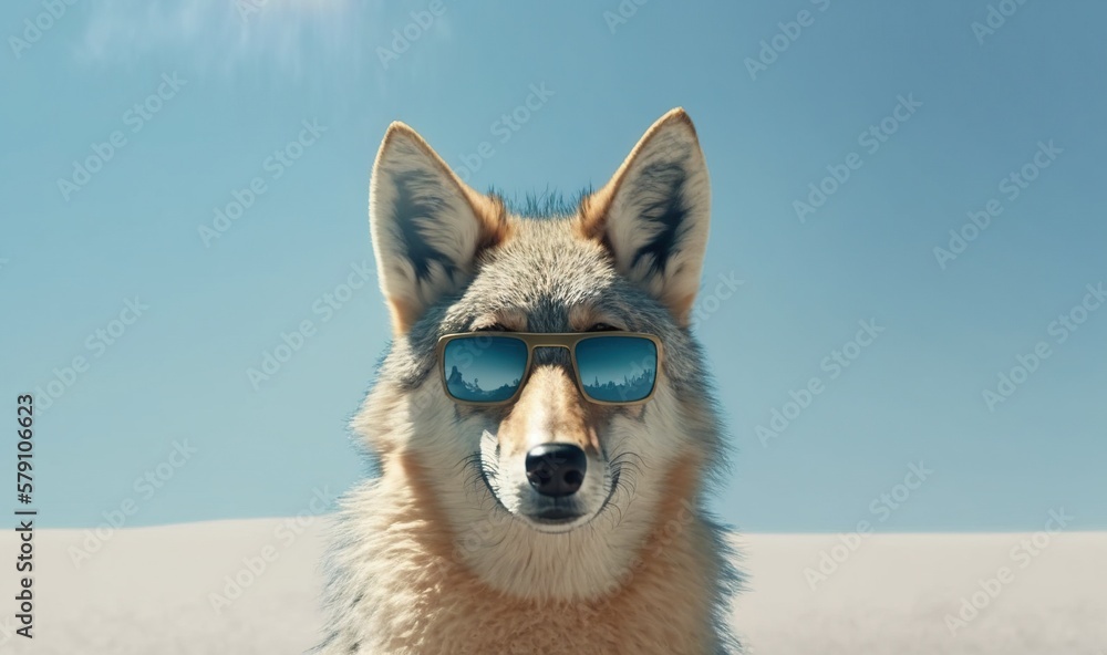 Poster  a dog with sunglasses on its head and a sky in the background with a cloud in the sky and a sun in the middle of the sky.  generative ai