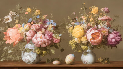 Obraz na płótnie Canvas Vibrant Easter scene with a delightful display of pastel-colored Easter eggs and fresh spring flowers, radiating a joyful and festive atmosphere