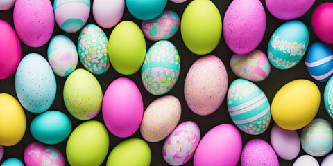 Fototapeta na wymiar Many colorful Easter eggs in a stack with various pastel colors in the spring season in a bright flora colored style