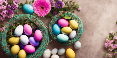 Fototapeta na wymiar Many colorful Easter eggs in a stack with various pastel colors in the spring season in a bright flora colored style