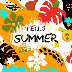 Summer design. Colorful banner with tropical plants, cute fruits and inscription