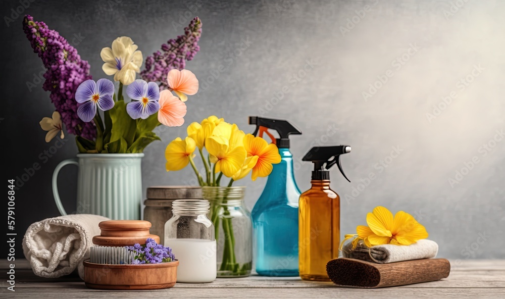 Poster a table topped with vases filled with flowers and bottles of cleaning products next to a bottle of c