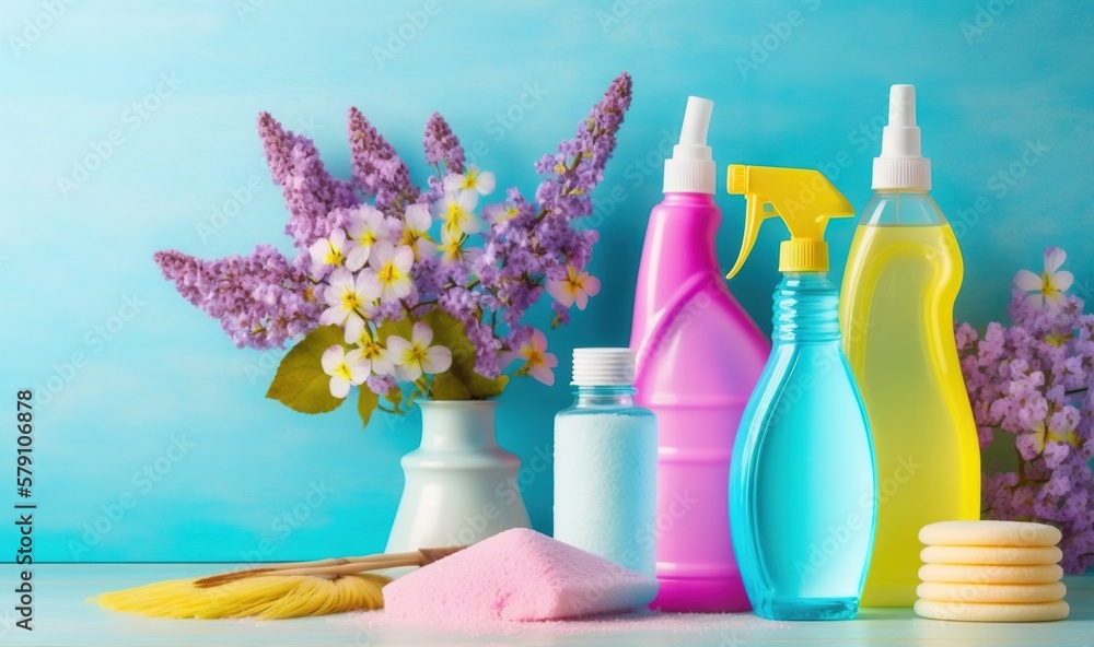 Poster a group of different types of cleaning products on a table with flowers in a vase behind them and a 