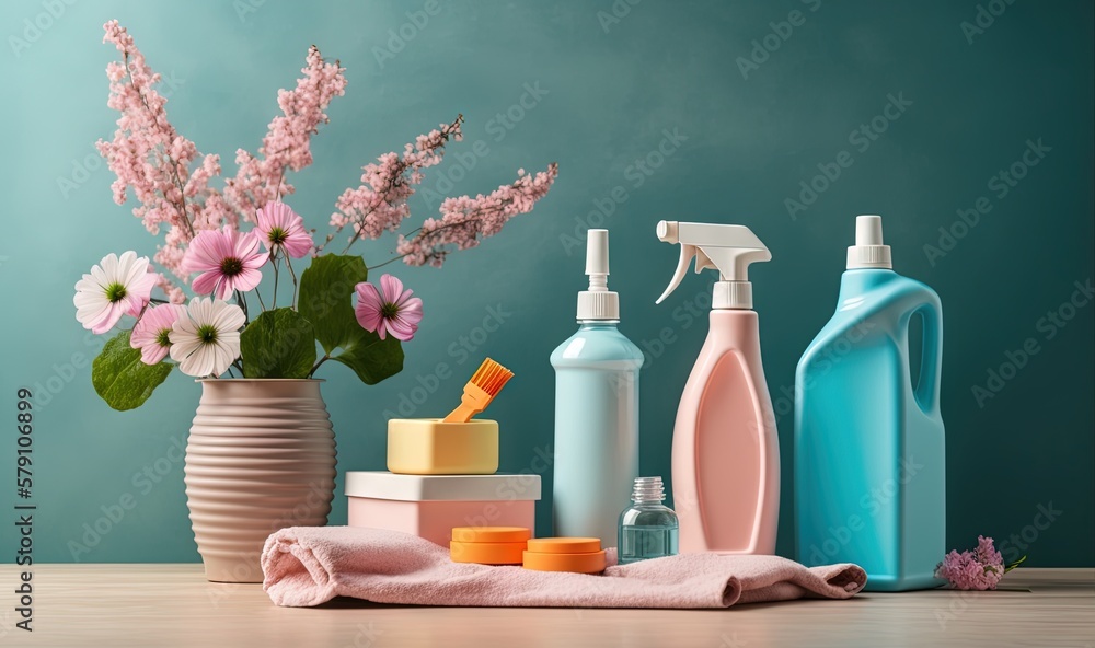 Poster a vase with flowers and soaps on a table next to a bottle of cleaner and a bottle of sanitizer and a