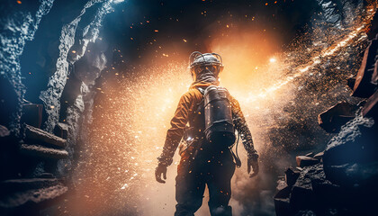 Fototapeta premium Industrial explosion incident in coal mine, sparks and flames underground with fire miner. Generation AI