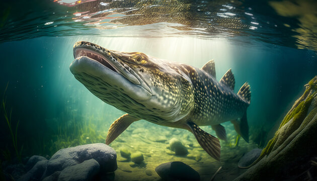 Predatory fish pike in habitat under water looking for prey. Sport fishing concept. Generation AI