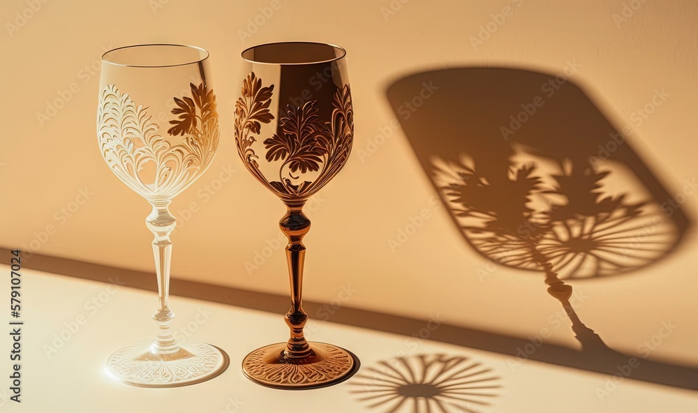 Poster a couple of wine glasses sitting on top of a table next to a shadow of a palm tree on the wall behin
