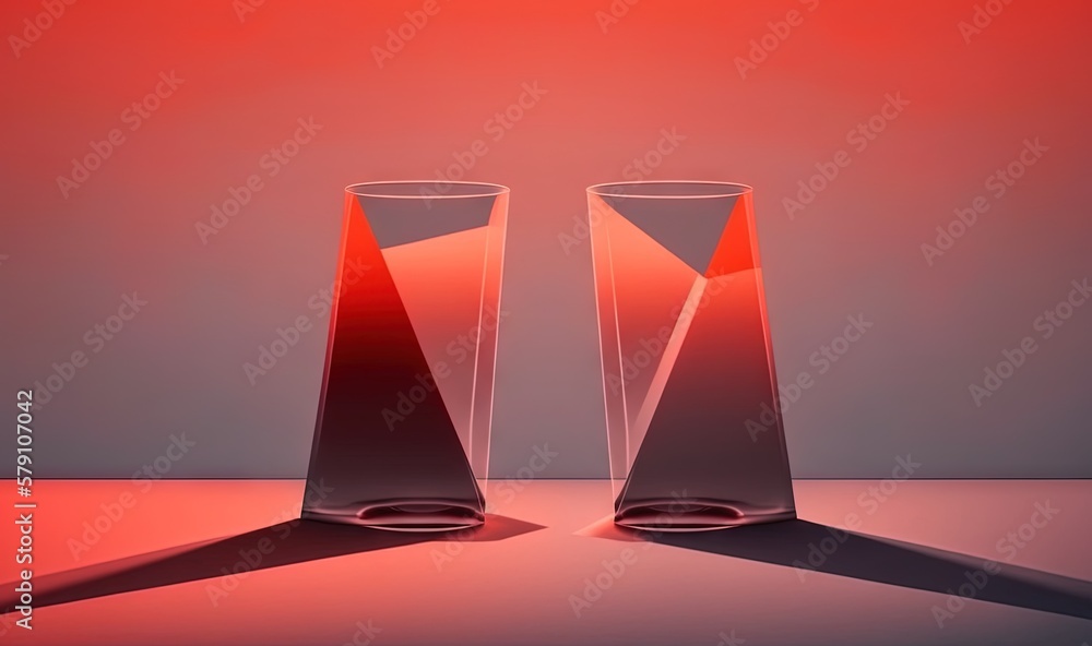 Poster a pair of glass vases sitting on top of a table next to a red light behind them on a gray background