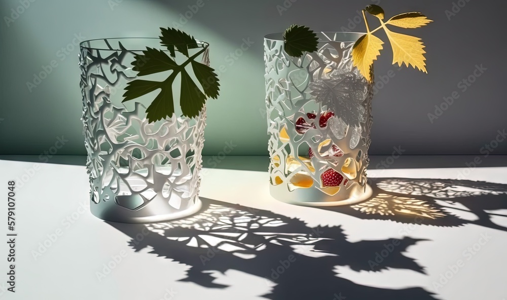 Poster two glass vases with leaves and berries in them on a table with a shadow cast on the surface of the 