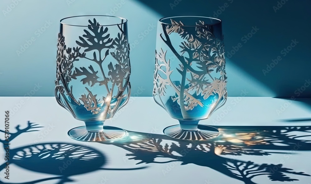 Poster  two glass vases sitting next to each other on a table with a shadow of a tree on the floor behind them and a blue wall behind them.  generative ai