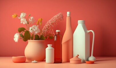  a vase with flowers and other items on a pink surface with a red background and a pink wall behind it, with a pink backdrop.  generative ai