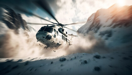 Fototapeta na wymiar Accident helicopter crashed in mountains snow winter. Generation AI