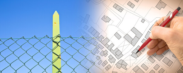 Fencing off private properties - concept image with a green metal wire mesh against a green area...