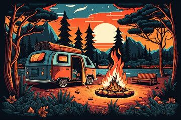 Camping with campfire and camper van, created by a neural network, Generative AI technology