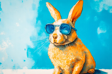 A watercolor paiting of a rabbit with sunglasses, set against a vibrant blue studio background. Generated AI