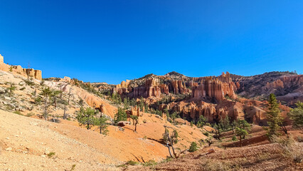 Fototapeta premium Panoramic Fairyland hiking trail with scenic view on massive hoodoo wall sandstone rock formation in Bryce Canyon National Park, Utah, USA. Pine trees along the way. Unique nature in barren landscape