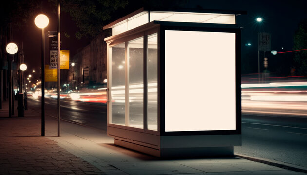 Bus stop shelter with empty space for writing, Mockup, at night, generative ai 