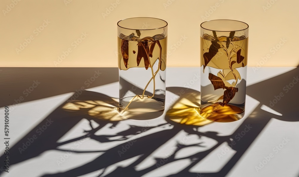 Poster two vases sitting on a table with a shadow of leaves on the table and a shadow of the vase on the ta