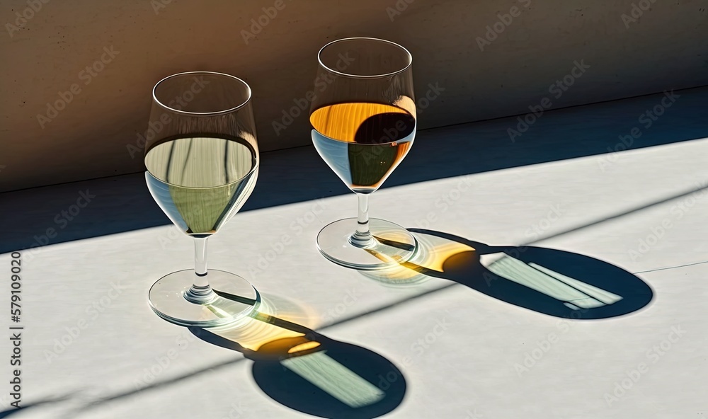 Poster two glasses of wine sitting on a table with a shadow on the floor behind them and a wall behind them