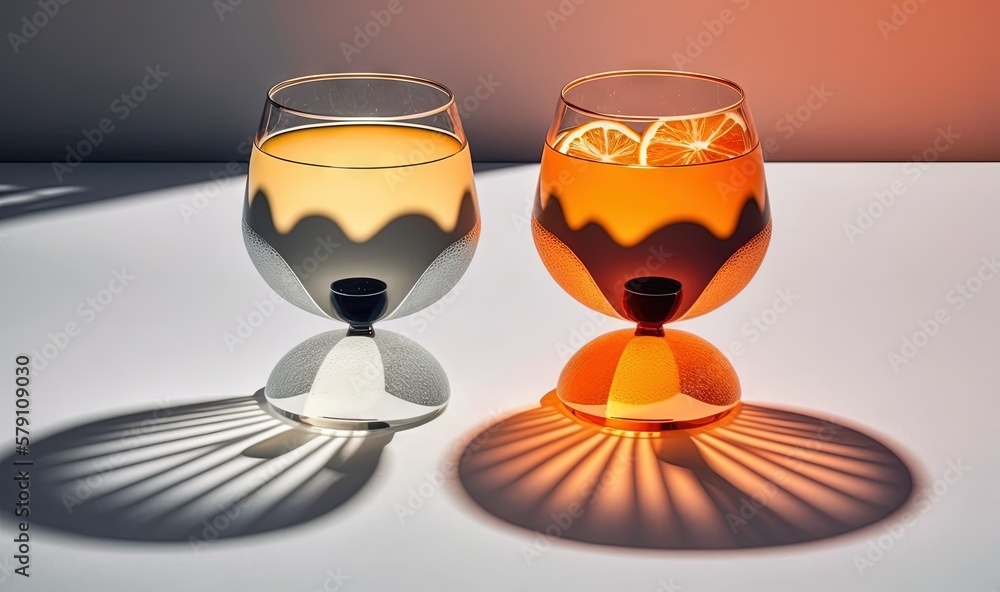 Poster a couple of glasses that are sitting on a table with a shadow on the table and one has a slice of or
