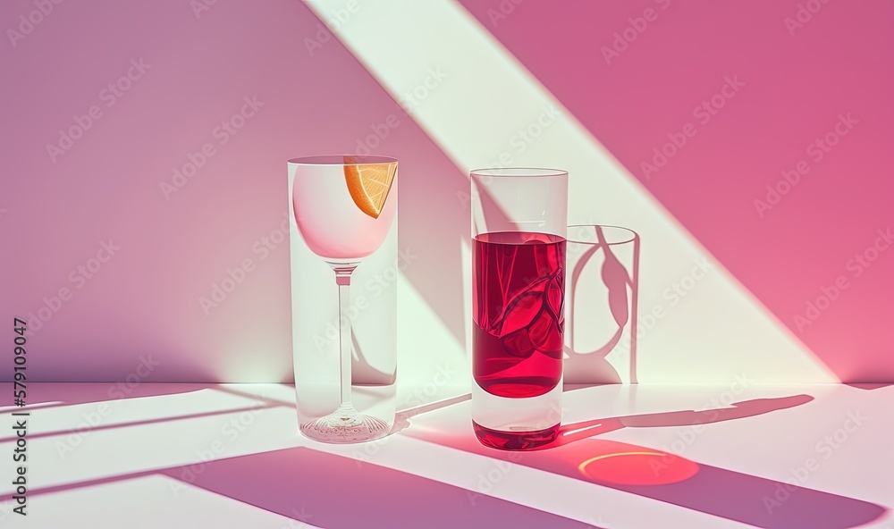 Poster a couple of glasses sitting on top of a table next to a vase with a slice of orange in it and a glas