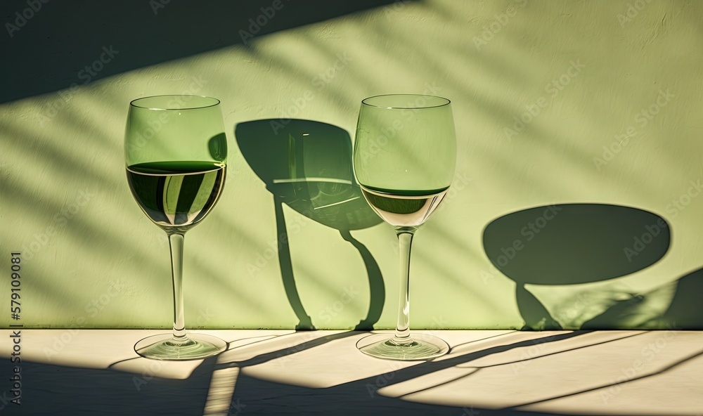 Poster two glasses of wine sitting on a table with a shadow cast on the wall behind them and a shadow cast 