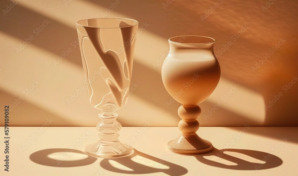 Poster two vases sitting on a table in the sun with a shadow on the wall behind them and a shadow on the wa