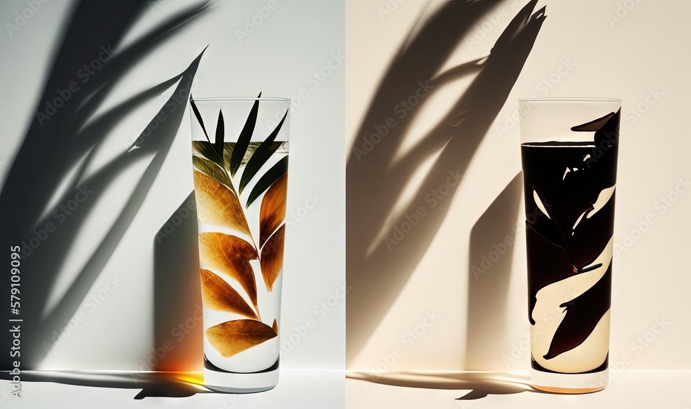 Poster three different vases with different shapes and sizes of plants in them on a white surface with a sh
