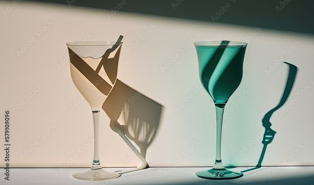Poster a couple of glasses sitting on top of a table next to each other on a white surface with a shadow ca