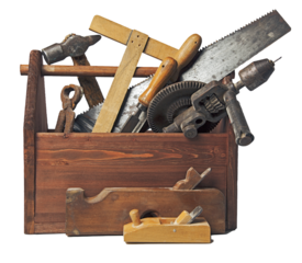 Old Carpenter Wooden toolbox with tools. transparent background.