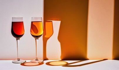  three glasses of wine sitting on a table next to a wall with a shadow on the wall and a shadow on the wall behind them.  generative ai