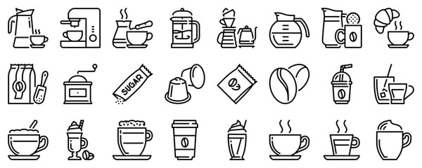 Line icons about coffee on transparent background with editable stroke.