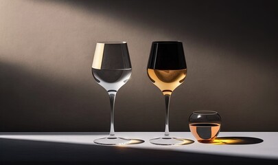  a couple of wine glasses sitting on top of a white table next to a glass filled with liquid and a half empty wine glass on the table.  generative ai