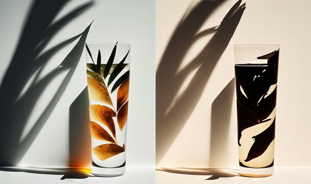  three different vases with different shapes and sizes of plants in them on a white surface with a shadow of a plant on the side of the vase.  generative ai