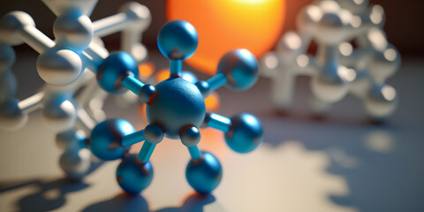 Technology molecule is structure of lattice connecting atoms. Chemical blue Banner with sun light. Generation AI
