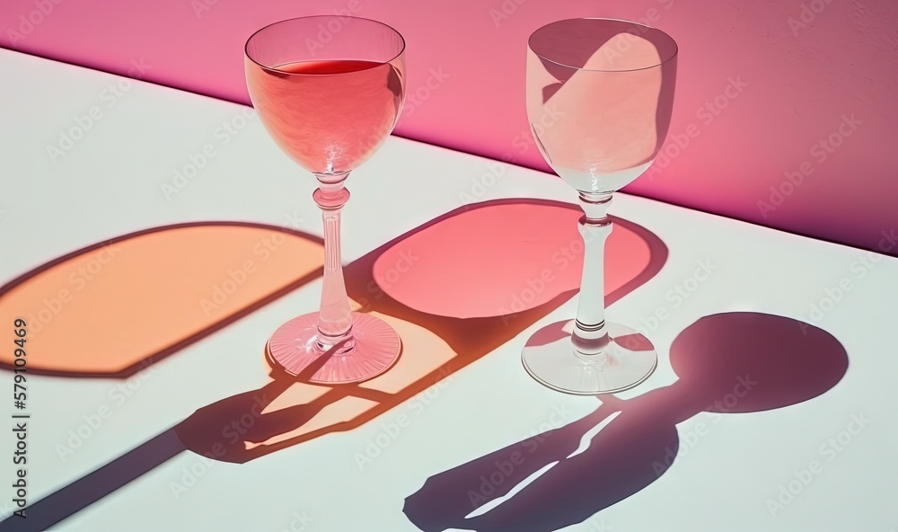 Poster two glasses of wine sitting on a table with a shadow of the wine glass on the table and the shadow o