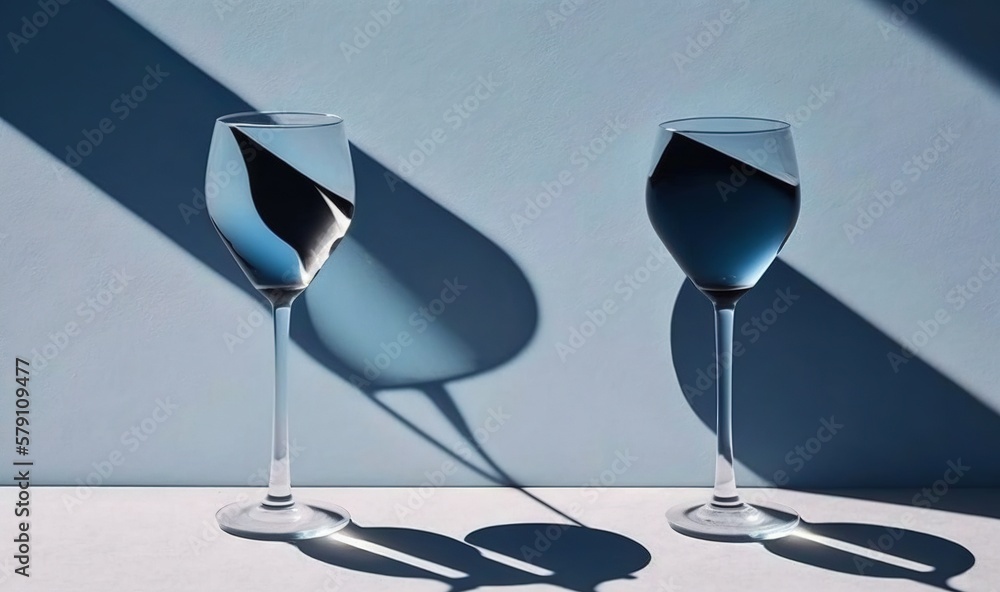 Poster two wine glasses with a shadow on the wall behind them, one of which has a shadow on the wall and on