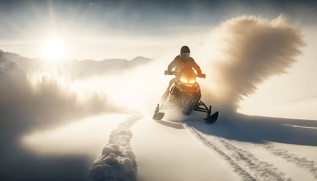 Winter Extreme Freeride Snowmobile fresh powder snow with sunlight. Generation AI