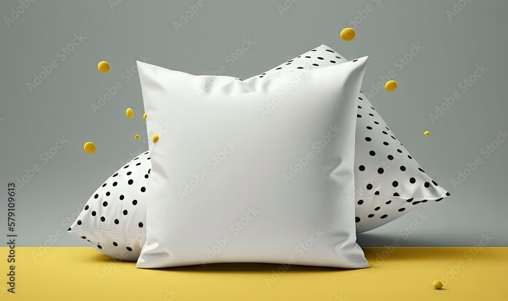 Poster two white pillows sitting on top of a yellow table next to a yellow tablecloth with black dots on it