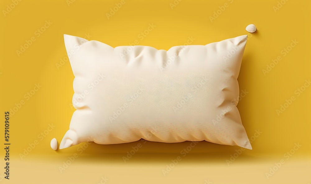 Poster a white pillow on a yellow background with a button on the side of the pillow and a white button on 